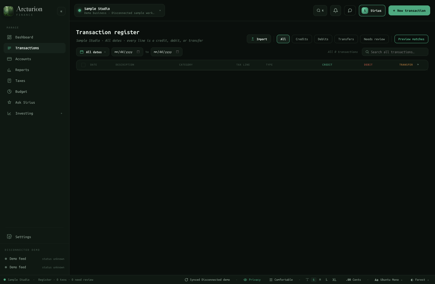 Arcturion Finance transaction register with an empty Sample Studio workspace