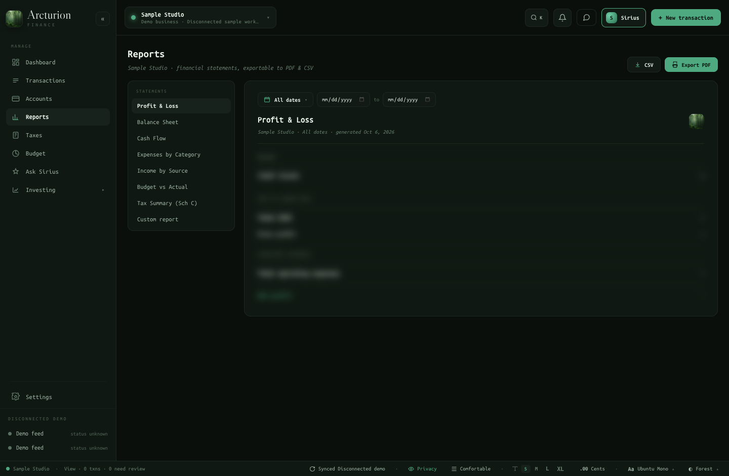 Arcturion Finance reports view with an empty Sample Studio workspace and amounts removed